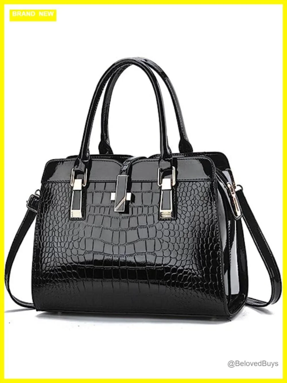 Patent Leather Satchel Handbag Women Tote Crocodile Pattern Top-Handle Shoulder